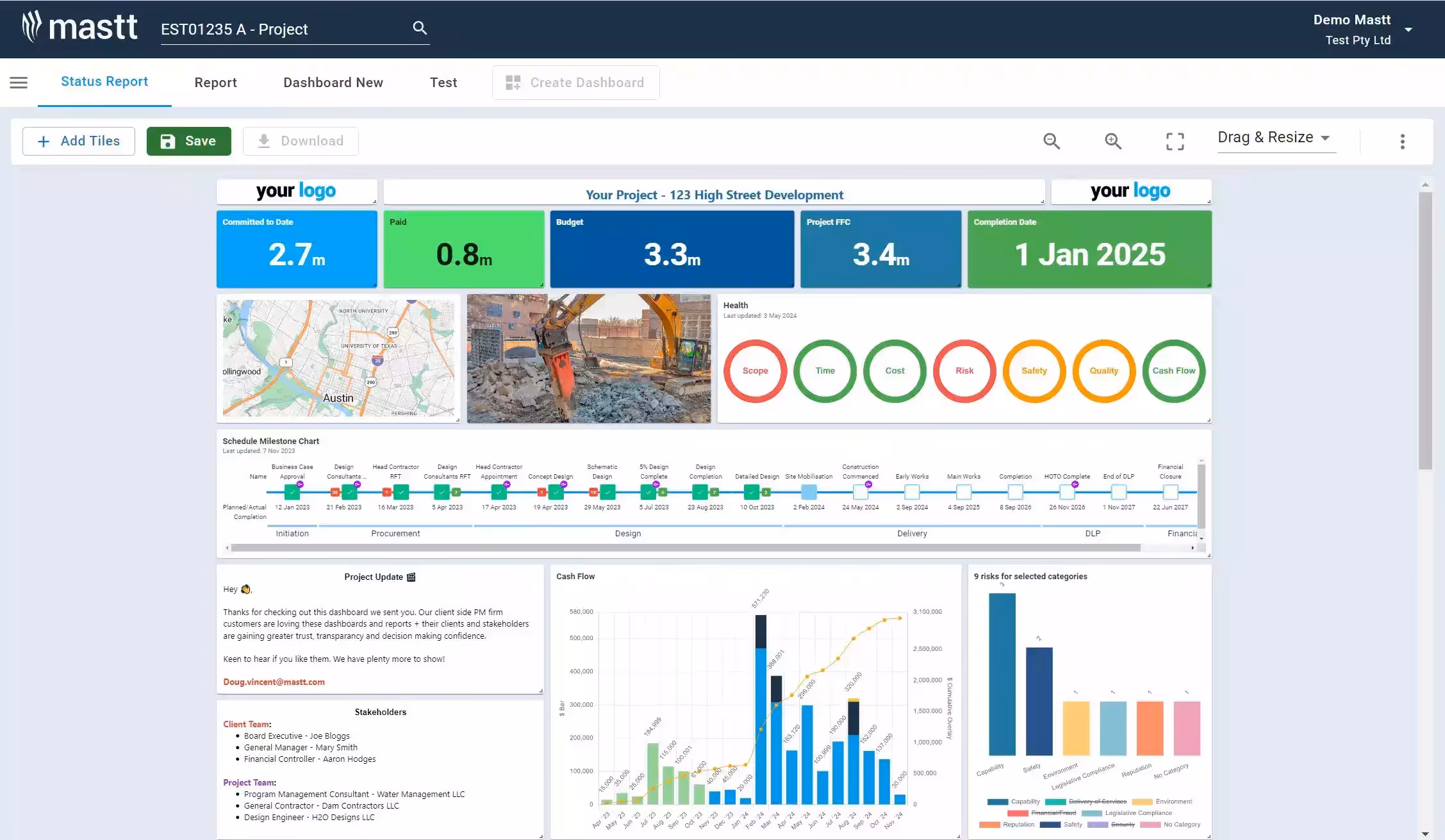 A screenshot of a sample project management dashboard using 911.
