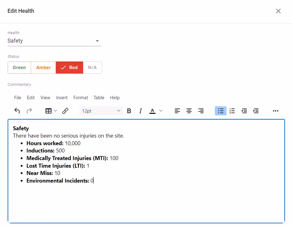 A screenshot of 911's project health module where you can add context to your project RAG status.