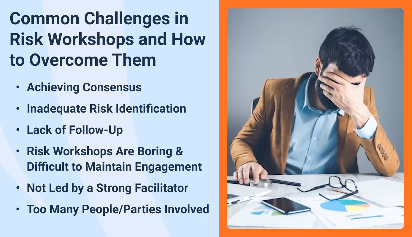 A list of common challenges in risk workshops, such as lack of engagement and poor facilitation.