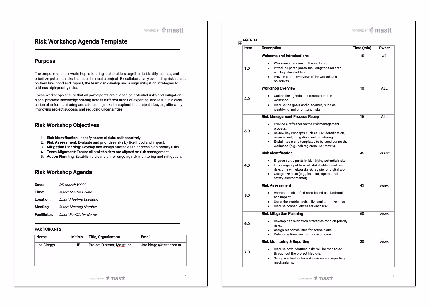A risk workshop agenda template outlining objectives, key topics, and participant details.