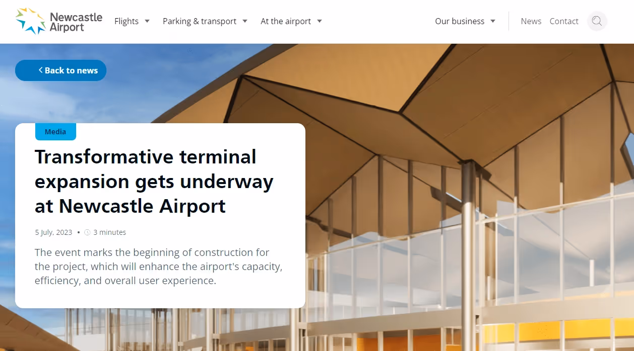 A screenshot of Newcastle Airport's website.