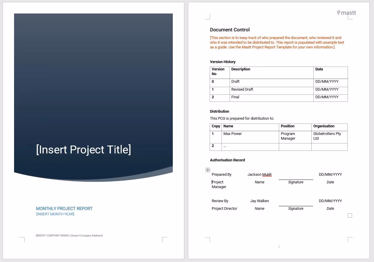 What to Include in a PCG Report: A screenshot of a PCG Report prepared in Microsoft word showing a cover page and project details page