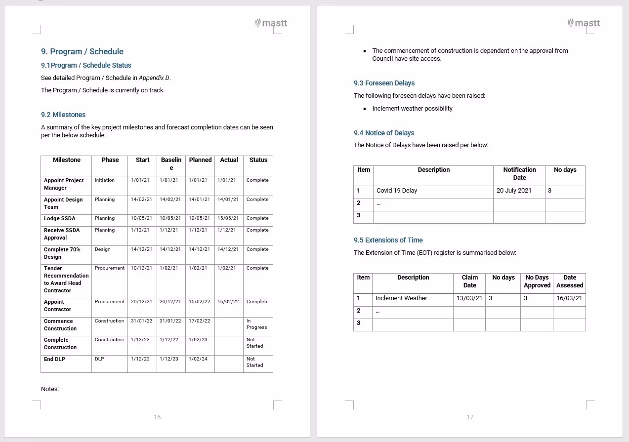 What to Include in a PCG Report: A PCG Report screenshot showing two A4 pages side by side with schedule information in tables and text formats