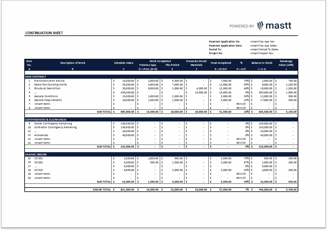 An image of a continuation sheet presenting a table, schedule of values and work completed for a payment