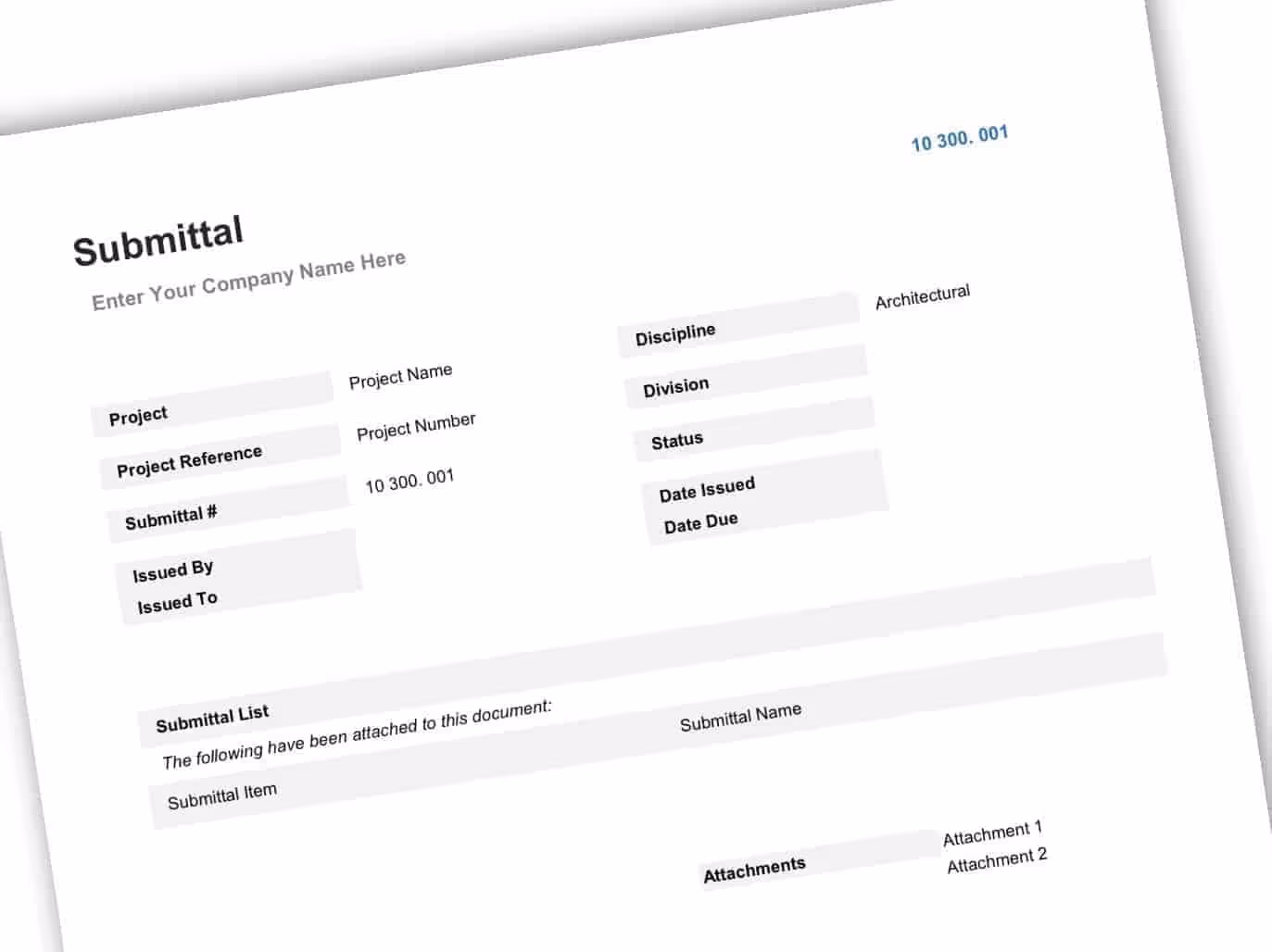 Construction submittal example showing project info, discipline, dates, and attachment details.