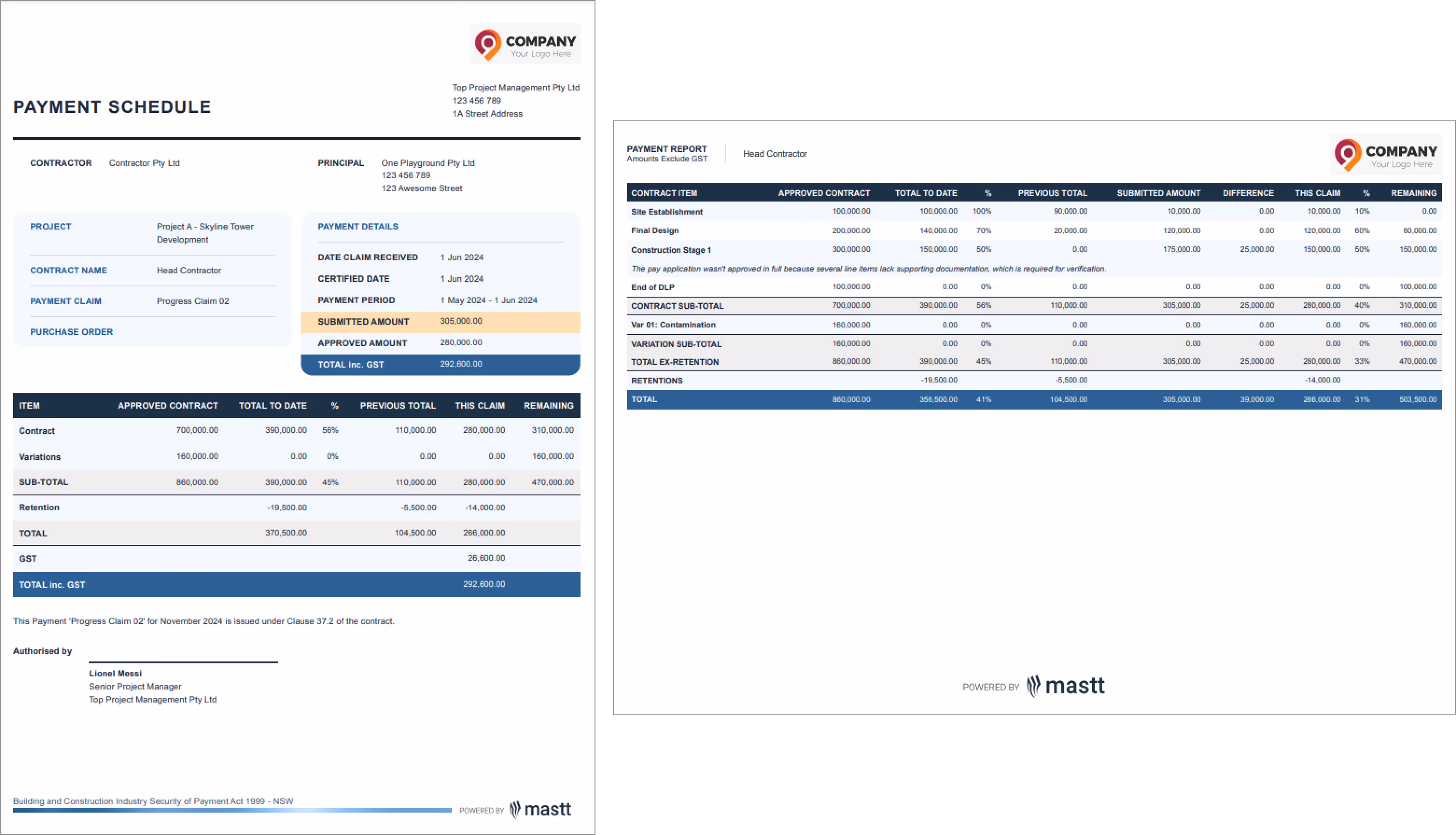 Payment Schedule showing page 1 letter and page 2 table