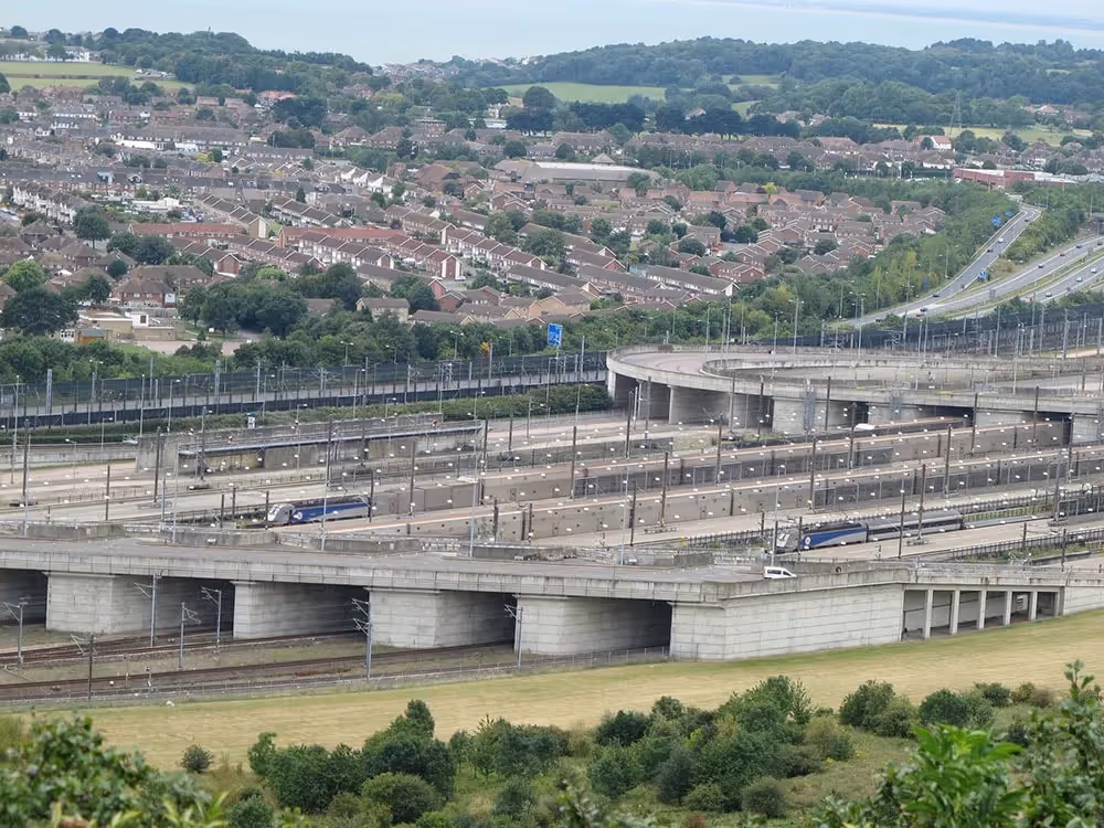 Channel Tunnel Terminal showing the loading/unloading area for the Shuttle service.
