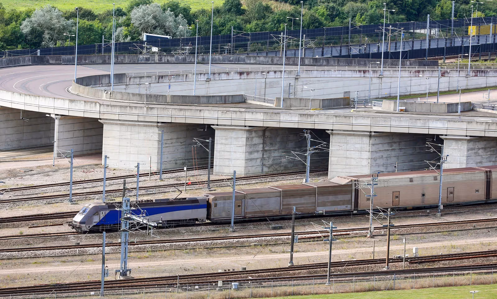 A Channel Tunnel train passing by Folkestone, England.