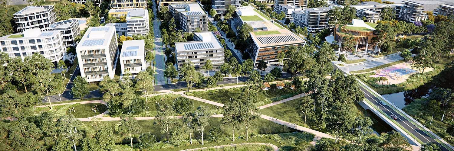 Modern eco-friendly urban development with green spaces, sustainable buildings, and solar panels.