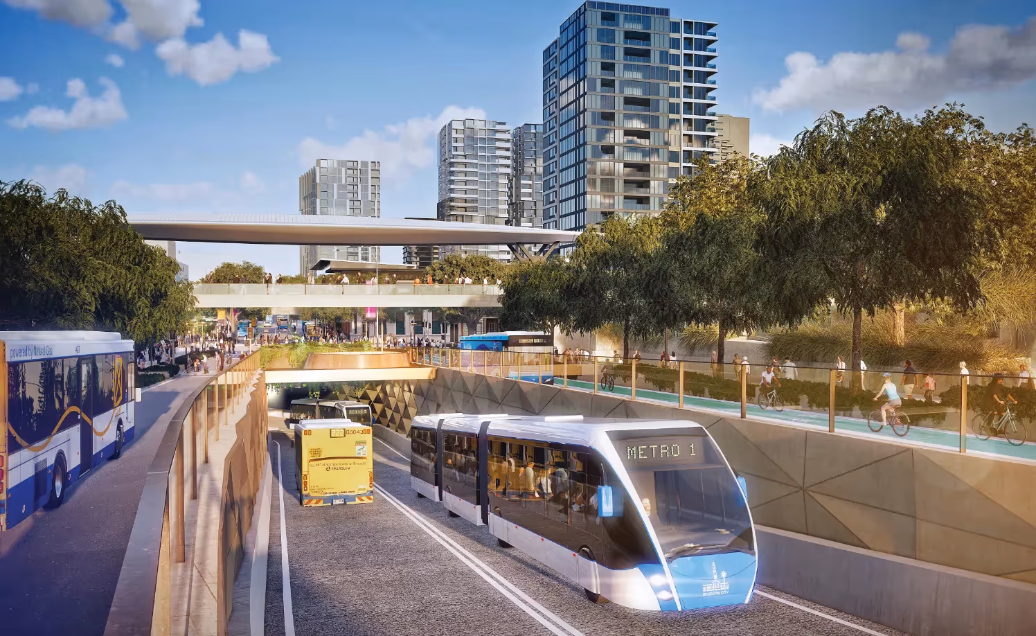 Illustration of Brisbane Metro infrastructure project showing buses, metro, and pathways.