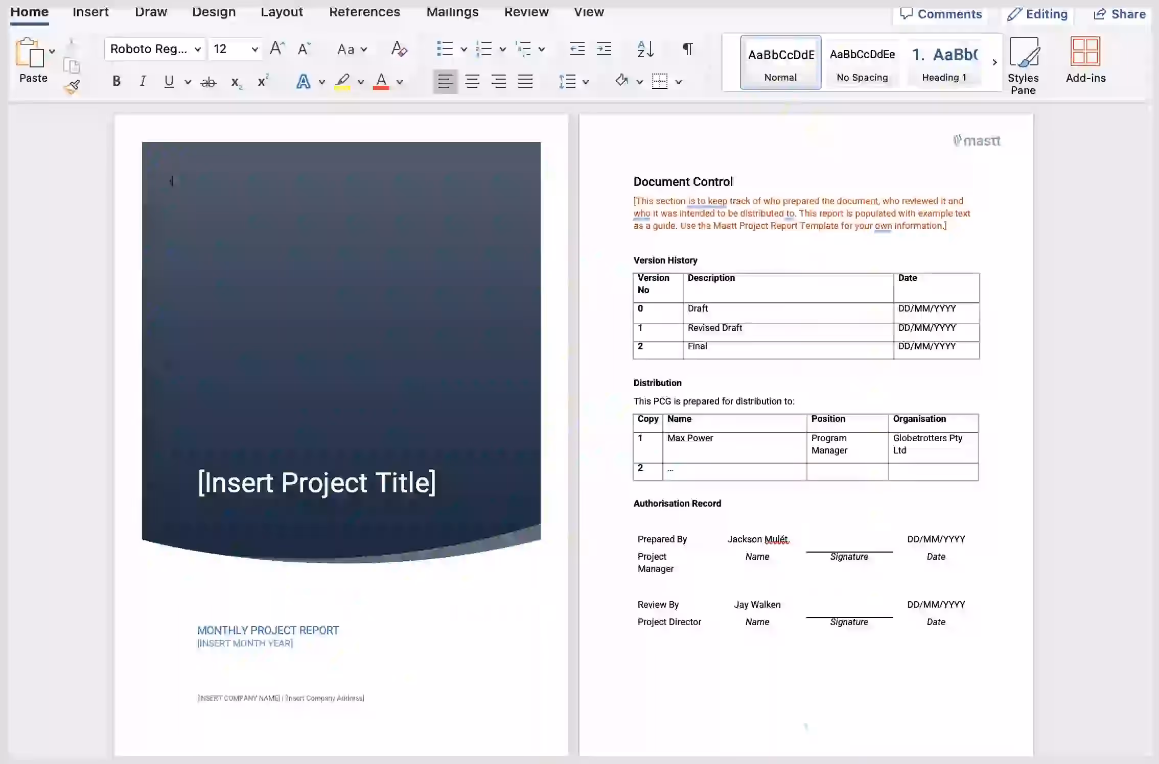 Screenshot of a project report template with placeholders for title, date, company details, version history, distribution, and authorization record.