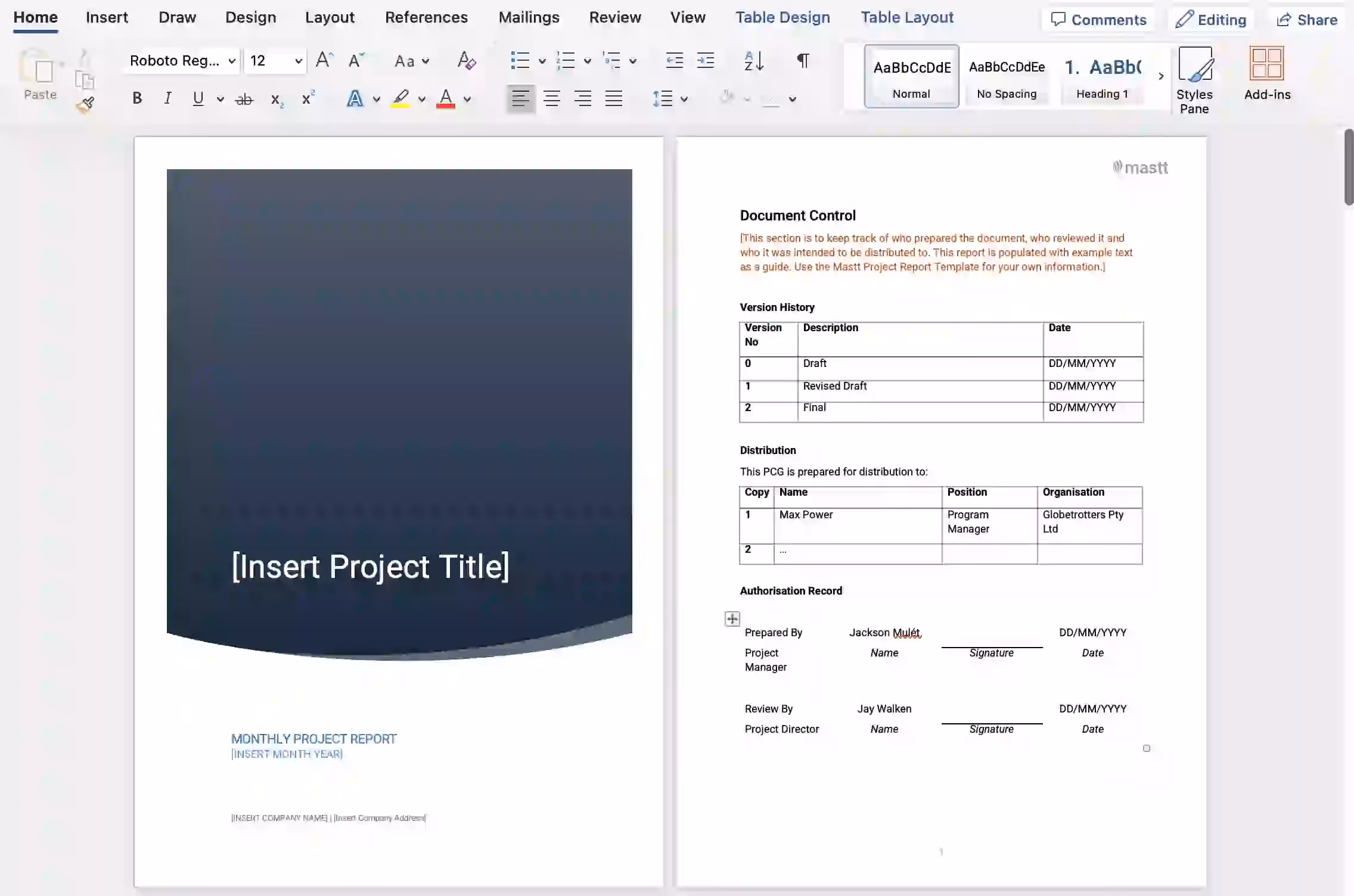 Monthly Project Report template with cover page, version history, distribution list, and authorization record fields.