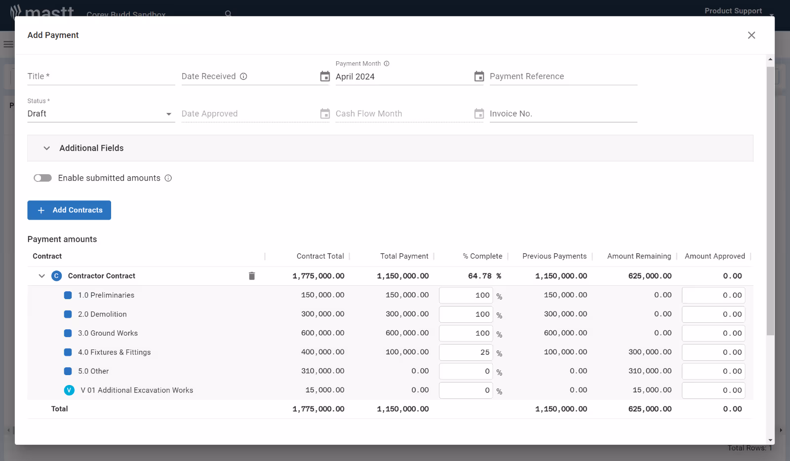 What is a Schedule of Values and How Does it Relate to Milestone Payments?: Here’s an example of a Schedule of Values in a Contractor Contract within Mastt’s Payment application tool.