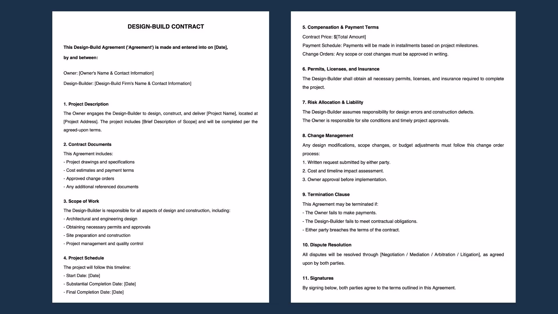 An image of a two-page Design-Build Contract template, detailing project description, scope of work, payment terms, risk allocation, change management, and dispute resolution clauses.