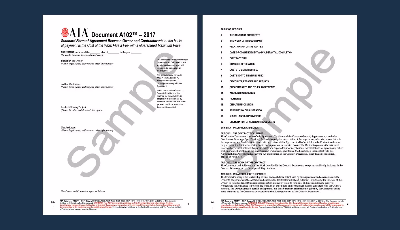 An image of AIA Document A102-2017, a standard contract template for Guaranteed Maximum Price (GMP) agreements, including sections on contract sum, payment terms, change orders, dispute resolution, and project responsibilities.