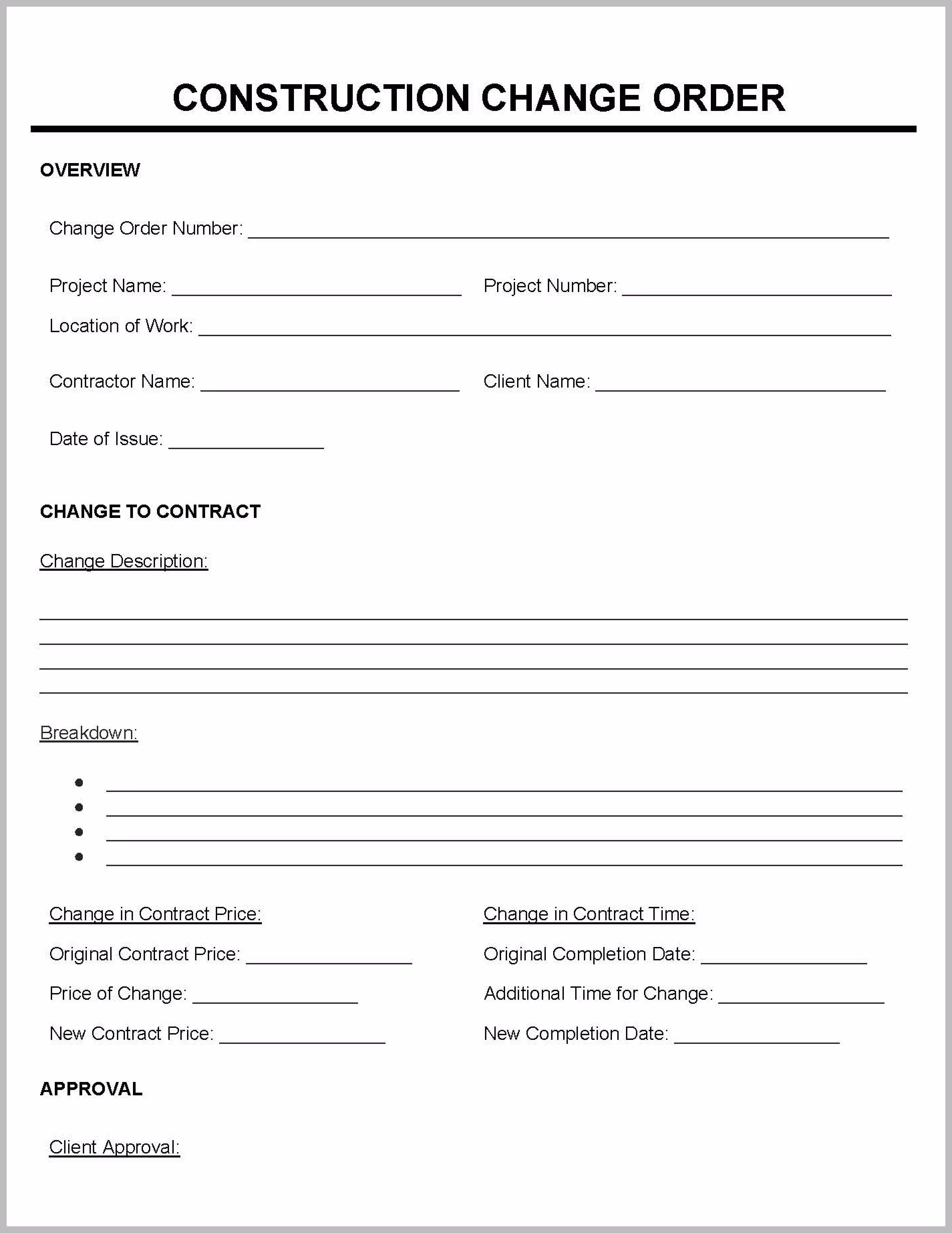 A construction change order outlining project details, contract modifications, and approvals.