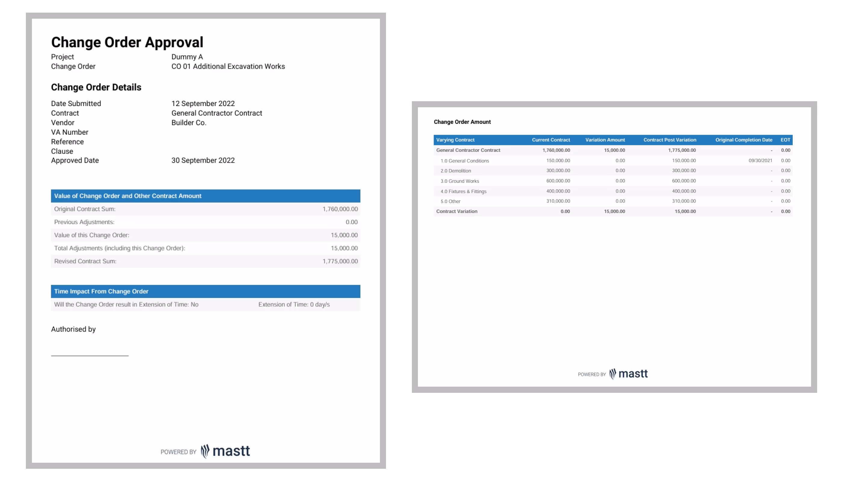 Construction change order approval in Mastt, showing cost variations, approvals, and contract updates.