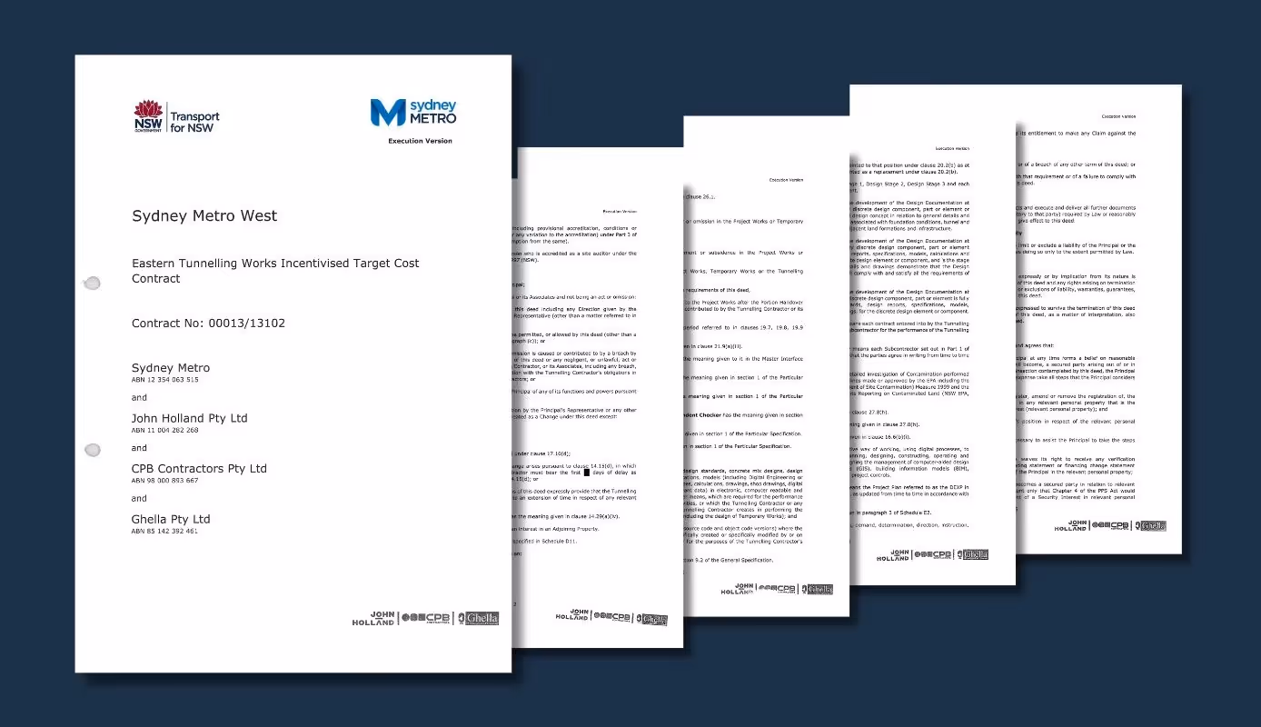 Image of the Sydney Metro West Eastern Tunnelling Works Incentivised Target Cost Contract, showing multiple pages with contract details, including project stakeholders John Holland, CPB Contractors, and Ghella Pty Ltd.
