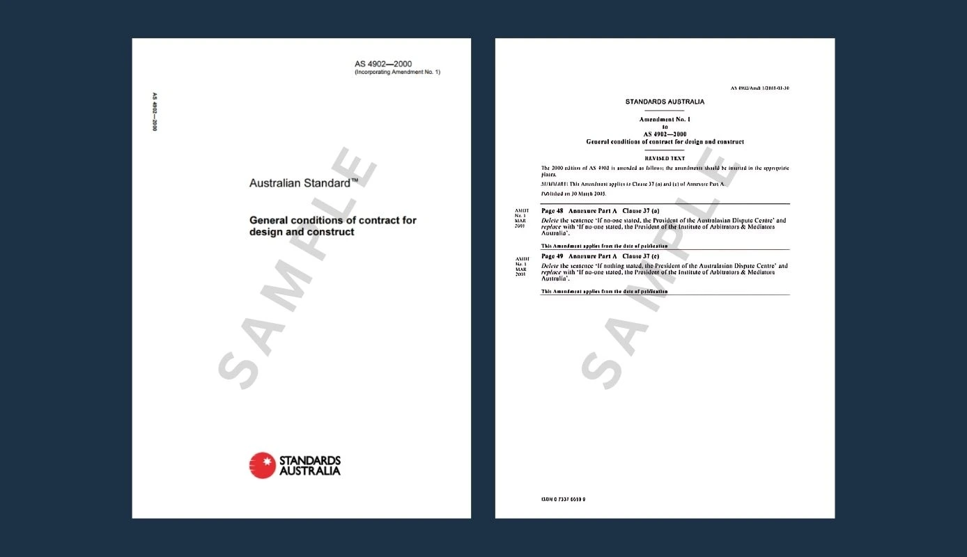 Example of the AS 4902-2000 document, showing the cover page and an amendment page for Design and Construct contract conditions, with a "SAMPLE" watermark.