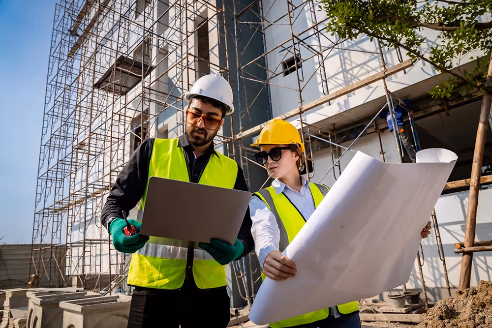 Two construction professionals review plans on-site, using integrated project controls to manage cost, schedule, and risk efficiently.