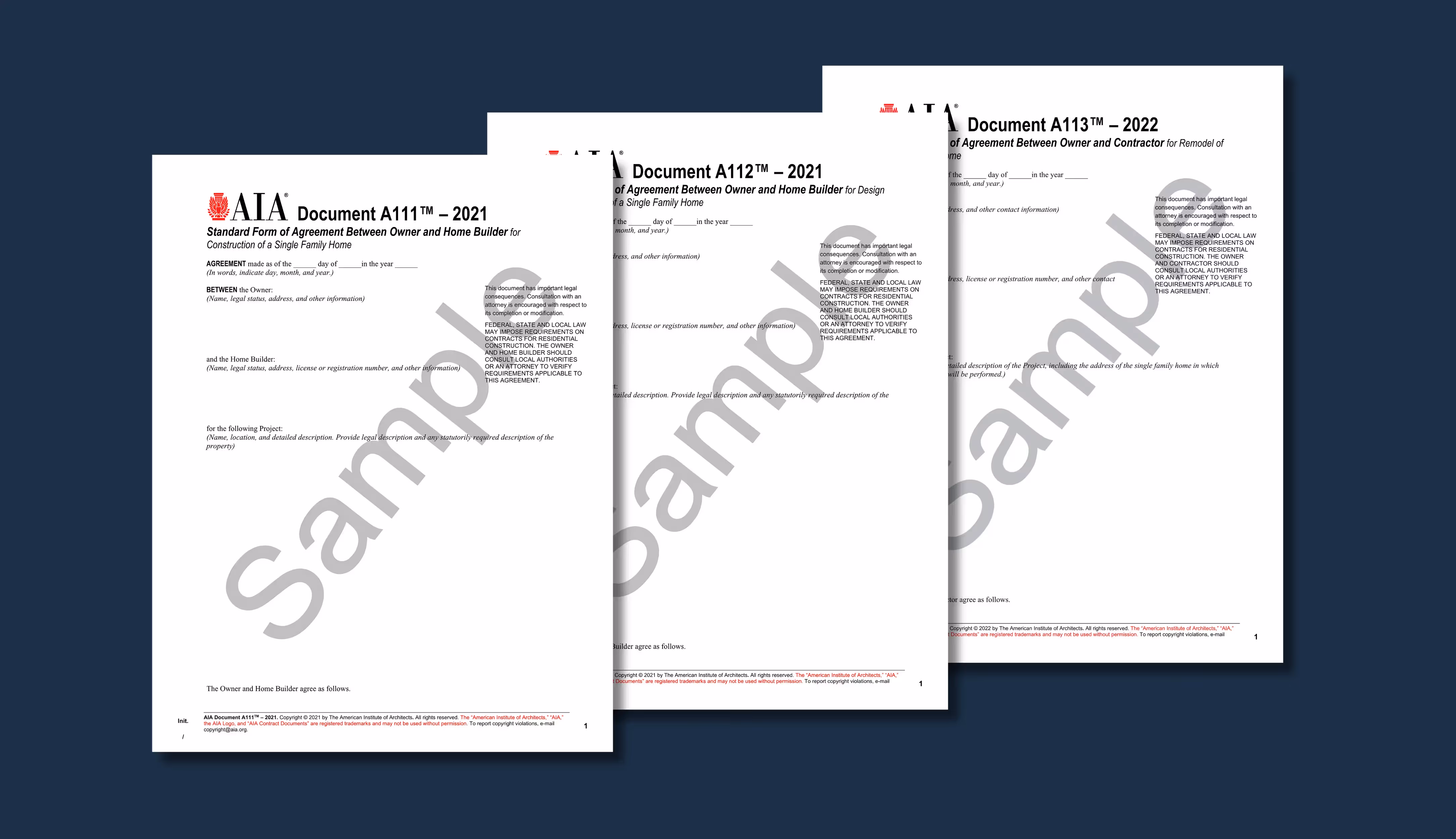 Three AIA contract documents (A111-2021, A112-2021, A113-2022) for home building and remodeling, labeled as samples on a dark background.