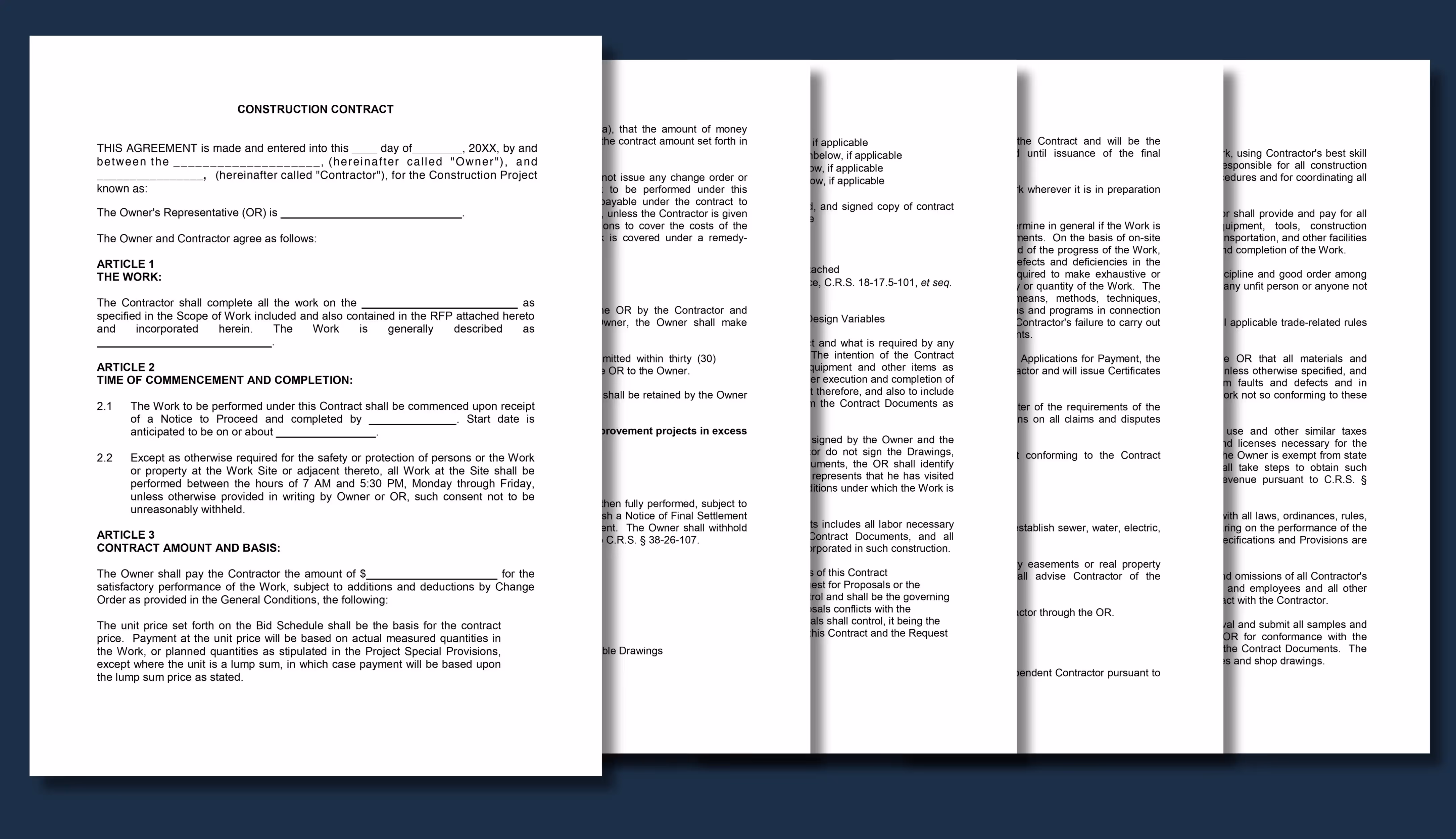 Construction contract example showing multiple pages with clauses on project scope, timelines, payment structure, and contractor and owner obligations.