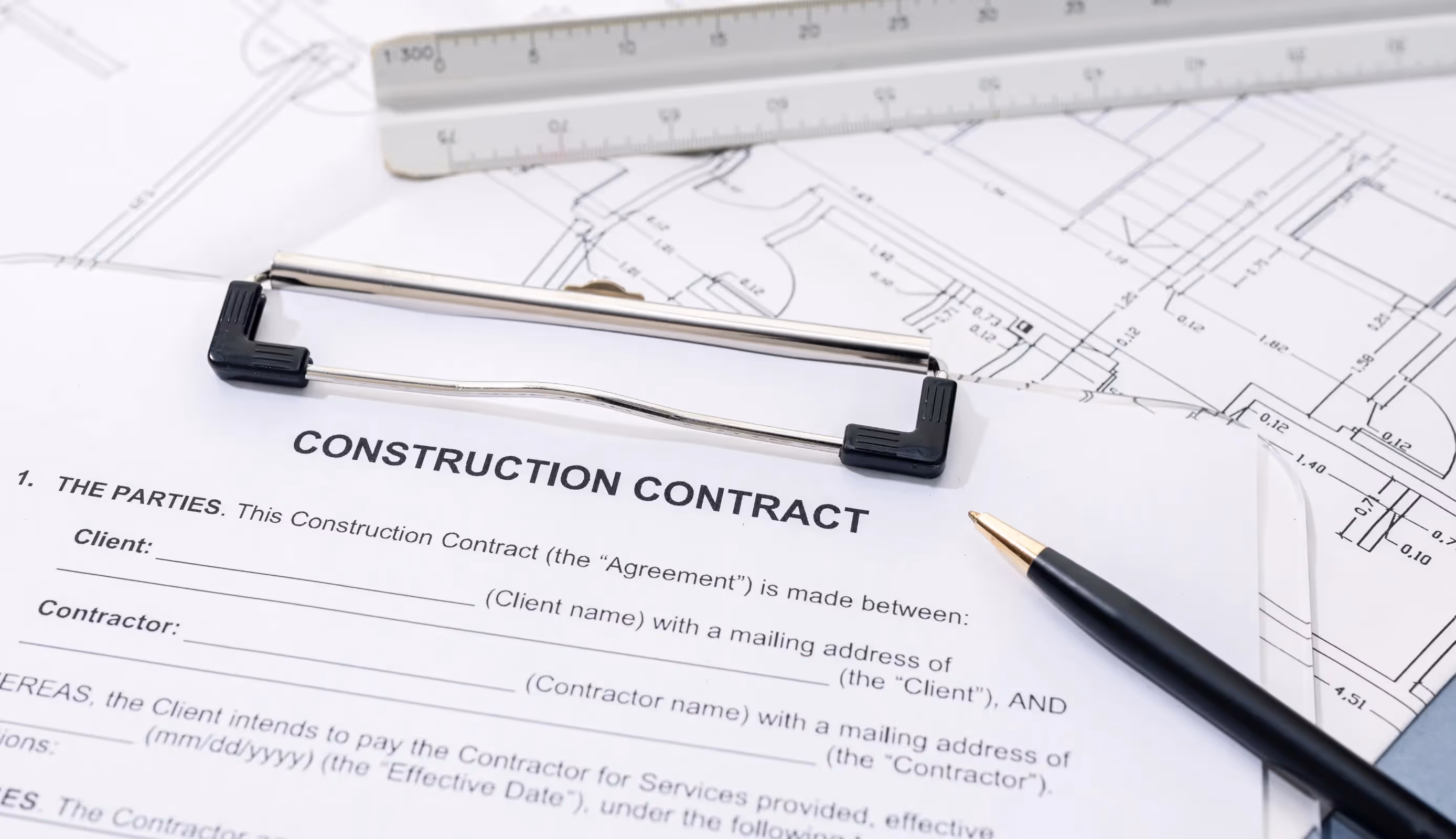 A construction contract document on a clipboard, placed over architectural blueprints with a pen and a ruler, representing common construction contract types in the U.S.