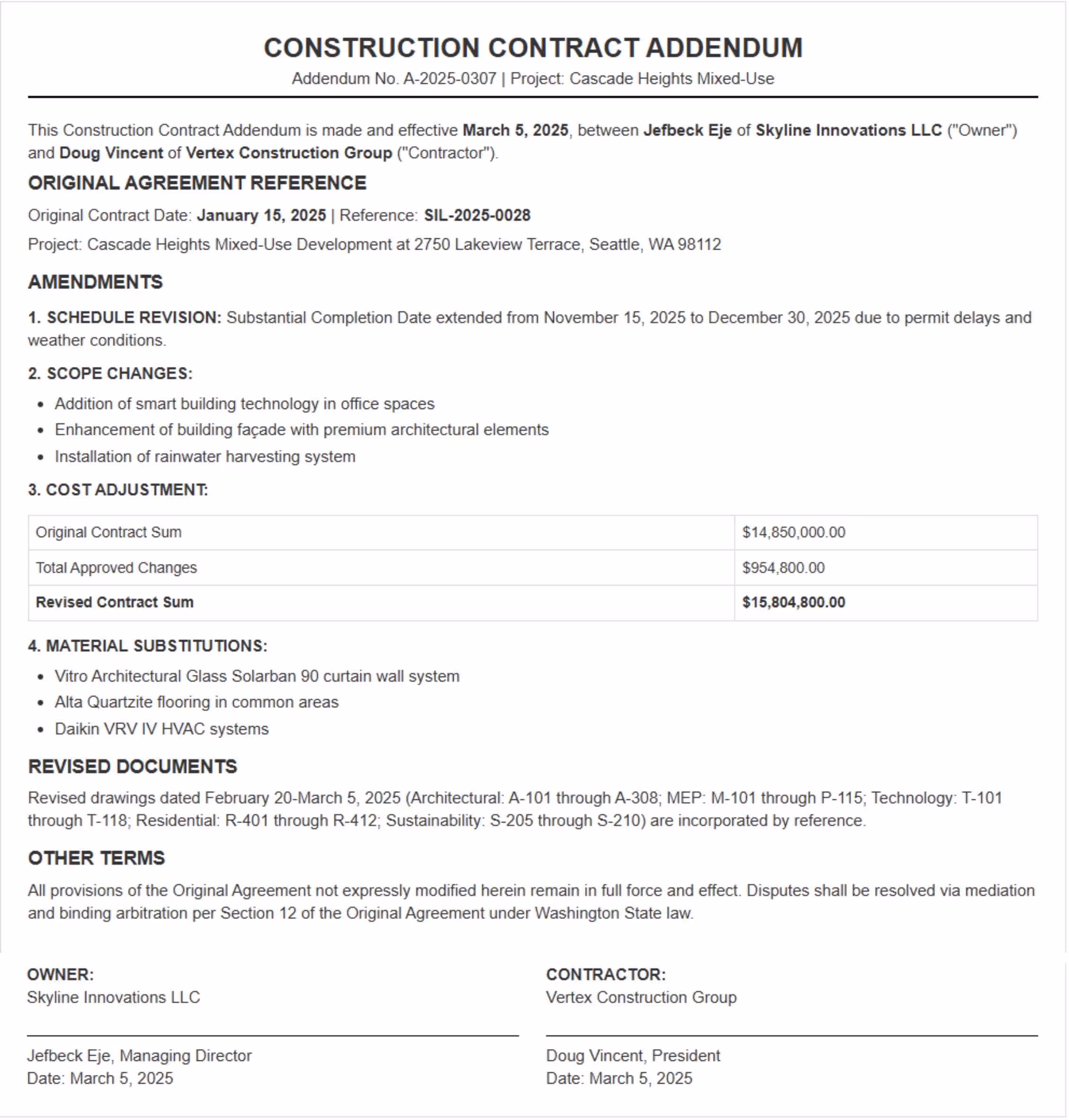 Example of a construction contract addendum detailing amendments, cost adjustments, and revised terms.