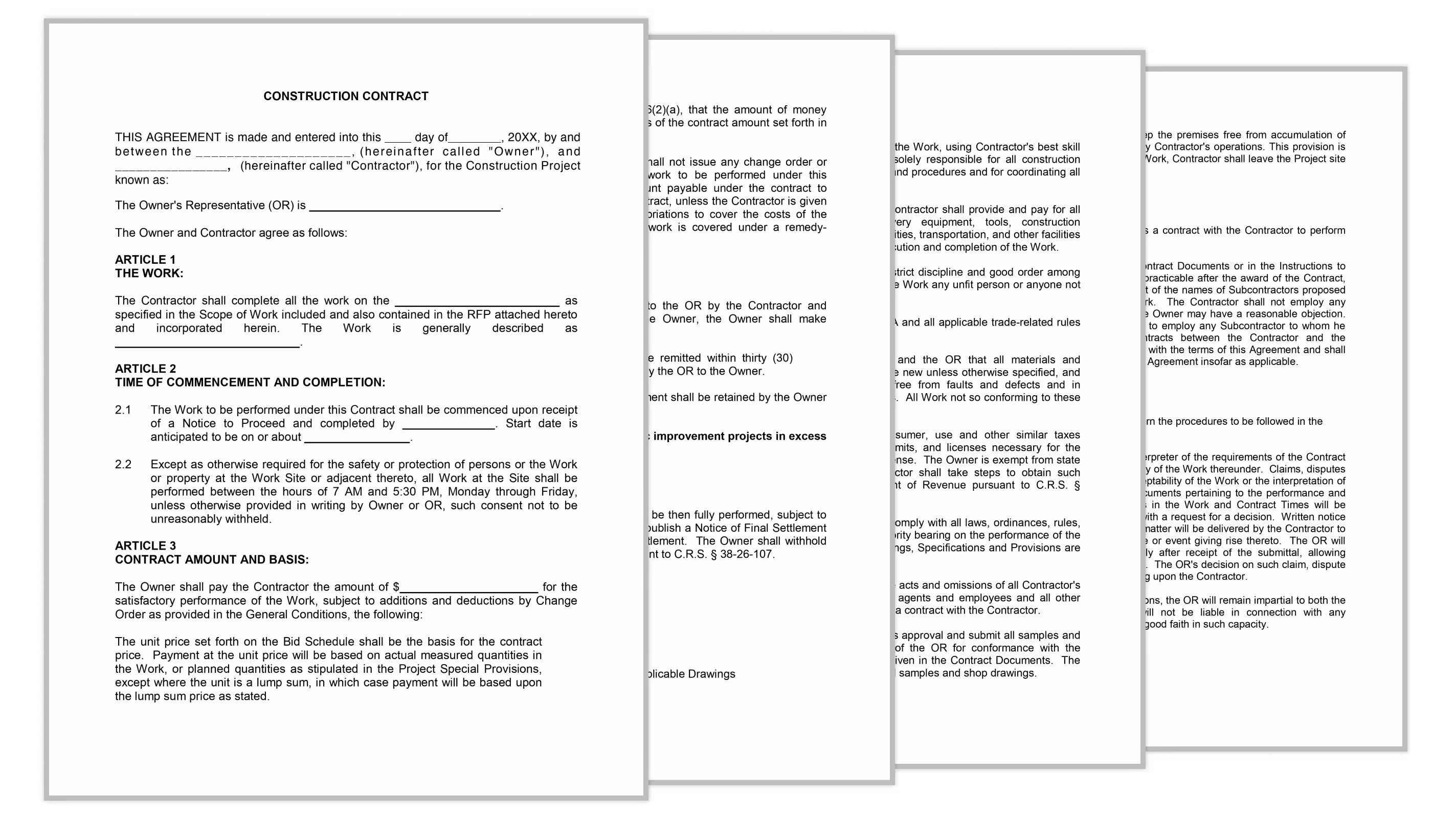 Image of a multi-page construction contract document detailing project terms, work scope, payment conditions, and legal provisions.