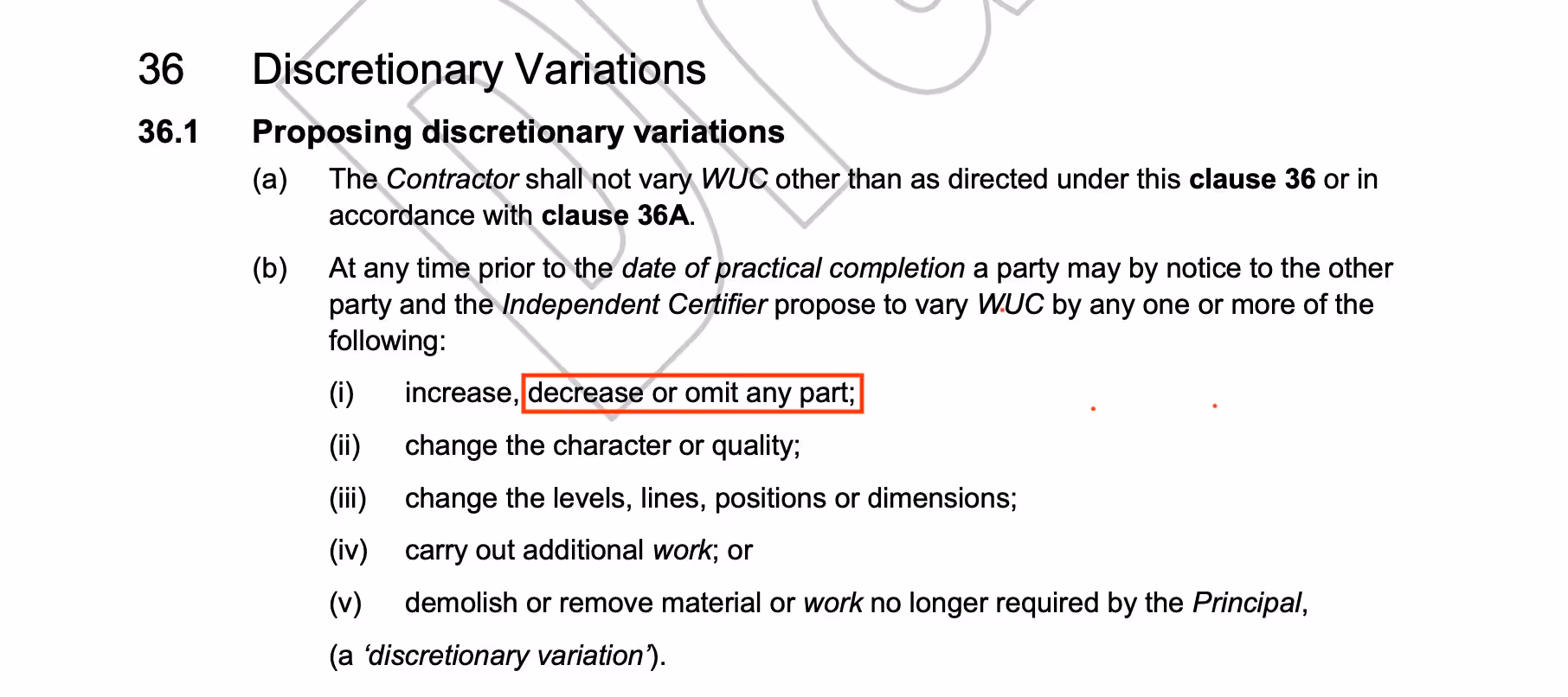 Excerpt from AS 4902-2000, Clause 36, stating that work under contract (WUC) may be increased, decreased, or omitted. The phrase "decrease or omit any part" is highlighted in red.