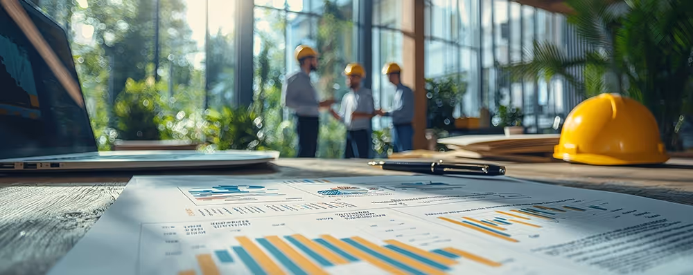 Construction project baseline report on a desk with charts and graphs, while project managers wearing hard hats discuss project details in the background.