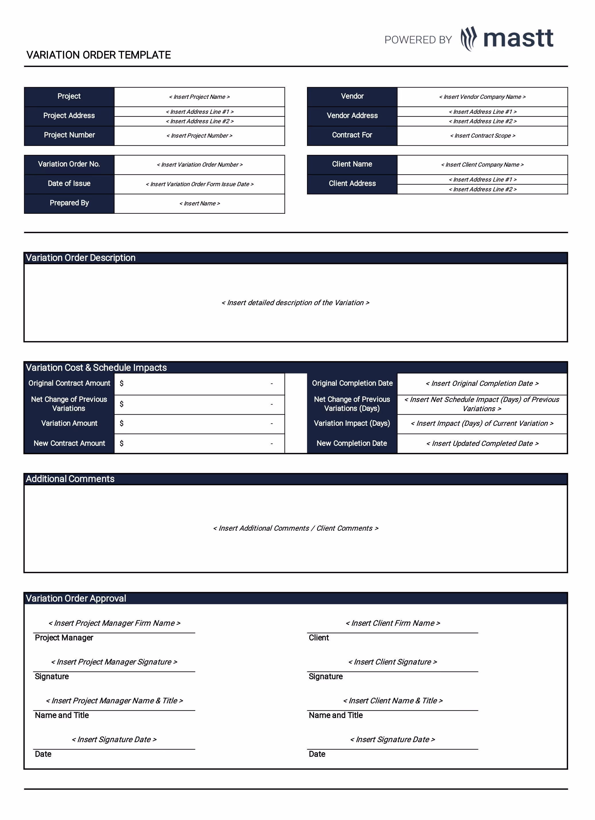 A structured Variation Order Template, featuring fields for project details, vendor and client information, variation description, reason for change, attachments, specifications, cost adjustments, schedule impact, and approval signatures.