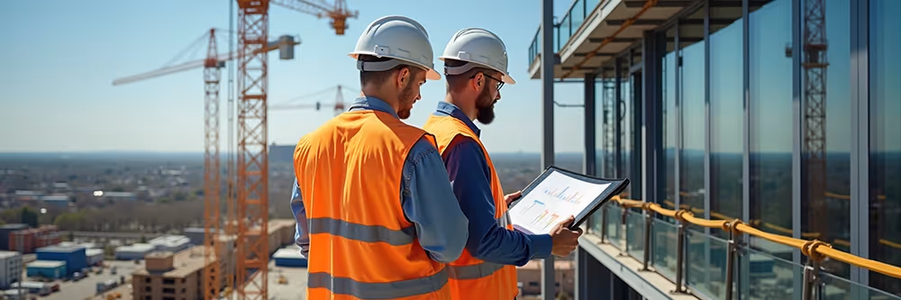 Two construction managers using forecast project management data on-site.
