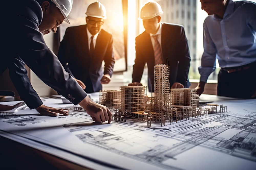 Executives reviewing construction project plans and model, applying S-curve analysis for portfolio-level project management decisions.