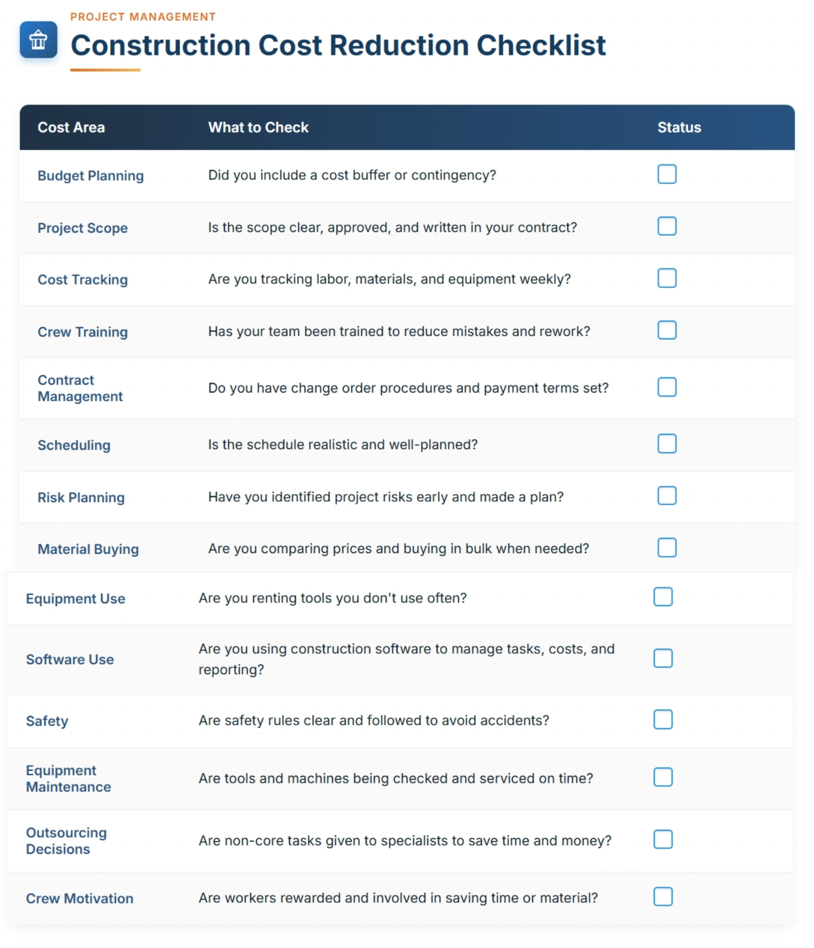 Construction cost reduction checklist with 14 items to track savings areas.