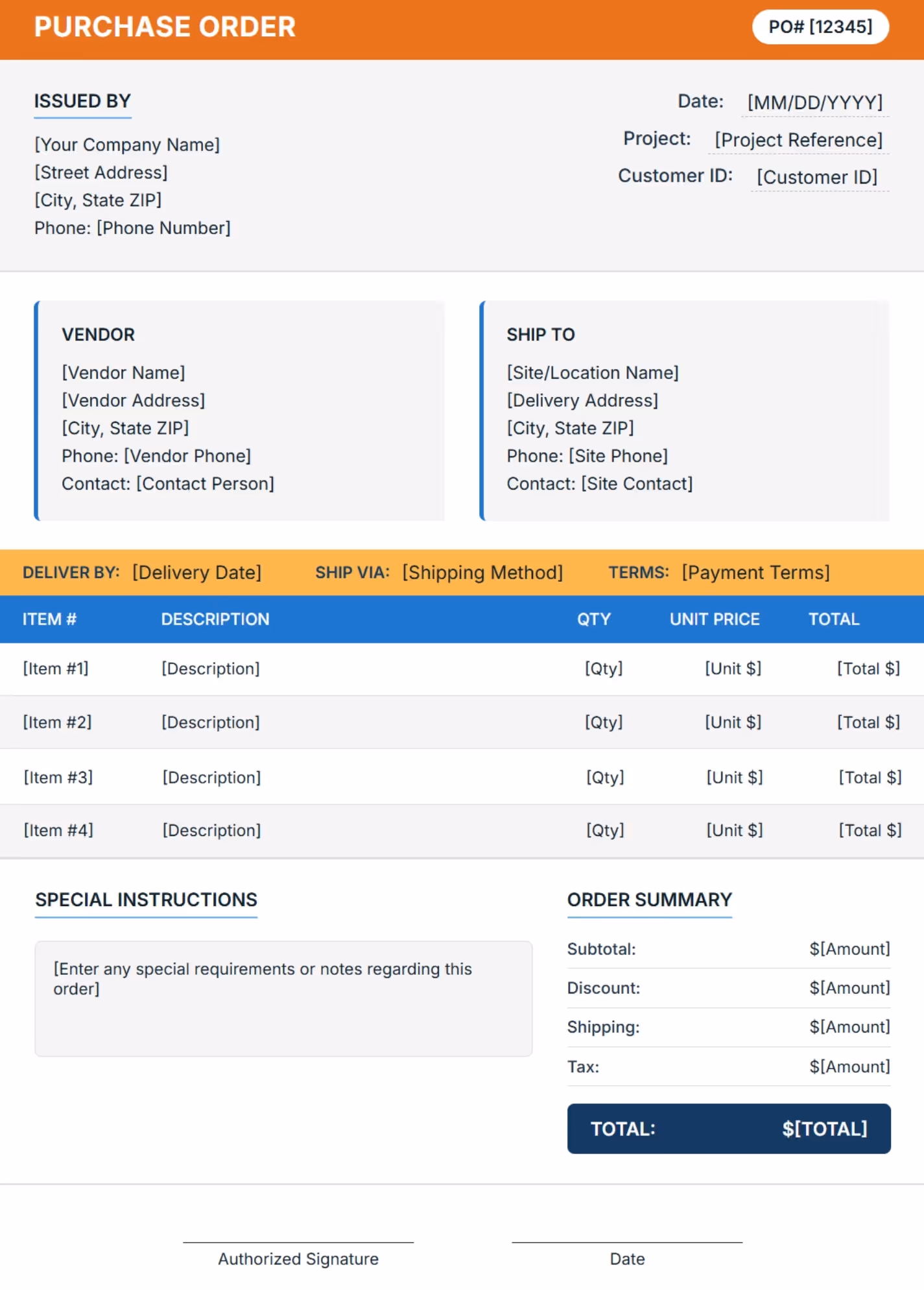 A purchase order example template showing itemized costs, delivery, and contact info.