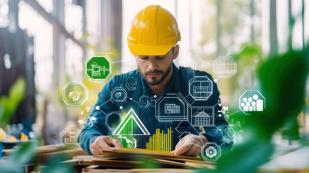 Engineer wearing a yellow hard hat reviewing plans with digital graphics overlay, representing data integration and technology in a project control system.