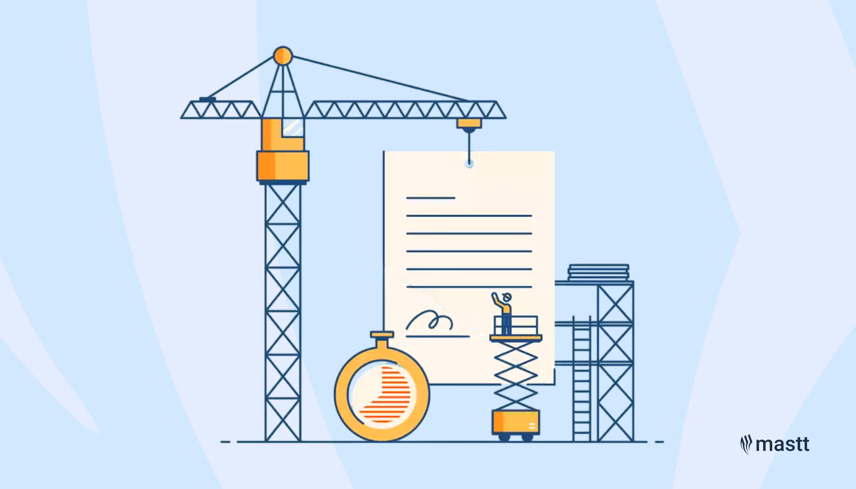 Illustration of a construction crane lifting a contract document, with a stopwatch and scaffolding in the background. Mastt logo included.