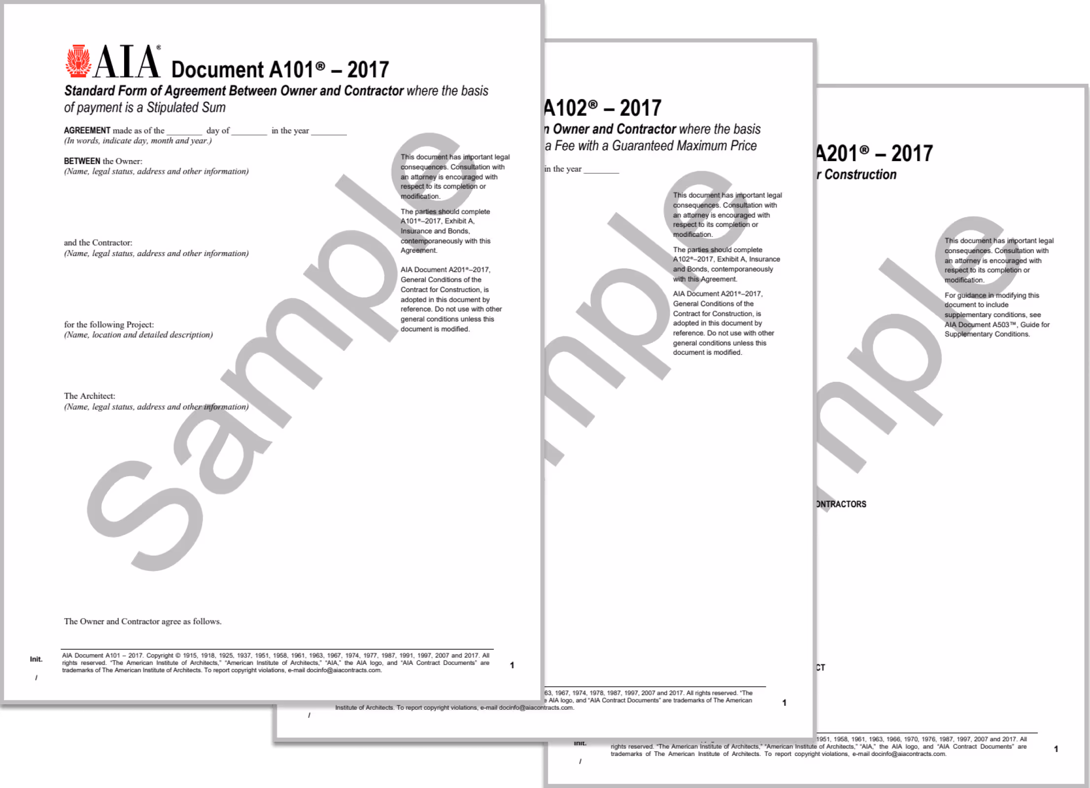 A set of three AIA (American Institute of Architects) contract documents, labeled A101, A102, and A201 from the 2017 edition. 