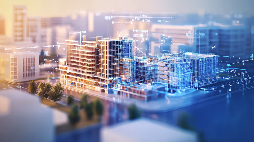 Digital rendering of a healthcare facility under construction, illustrating the use of a project controls plan to manage complex building data and workflows.