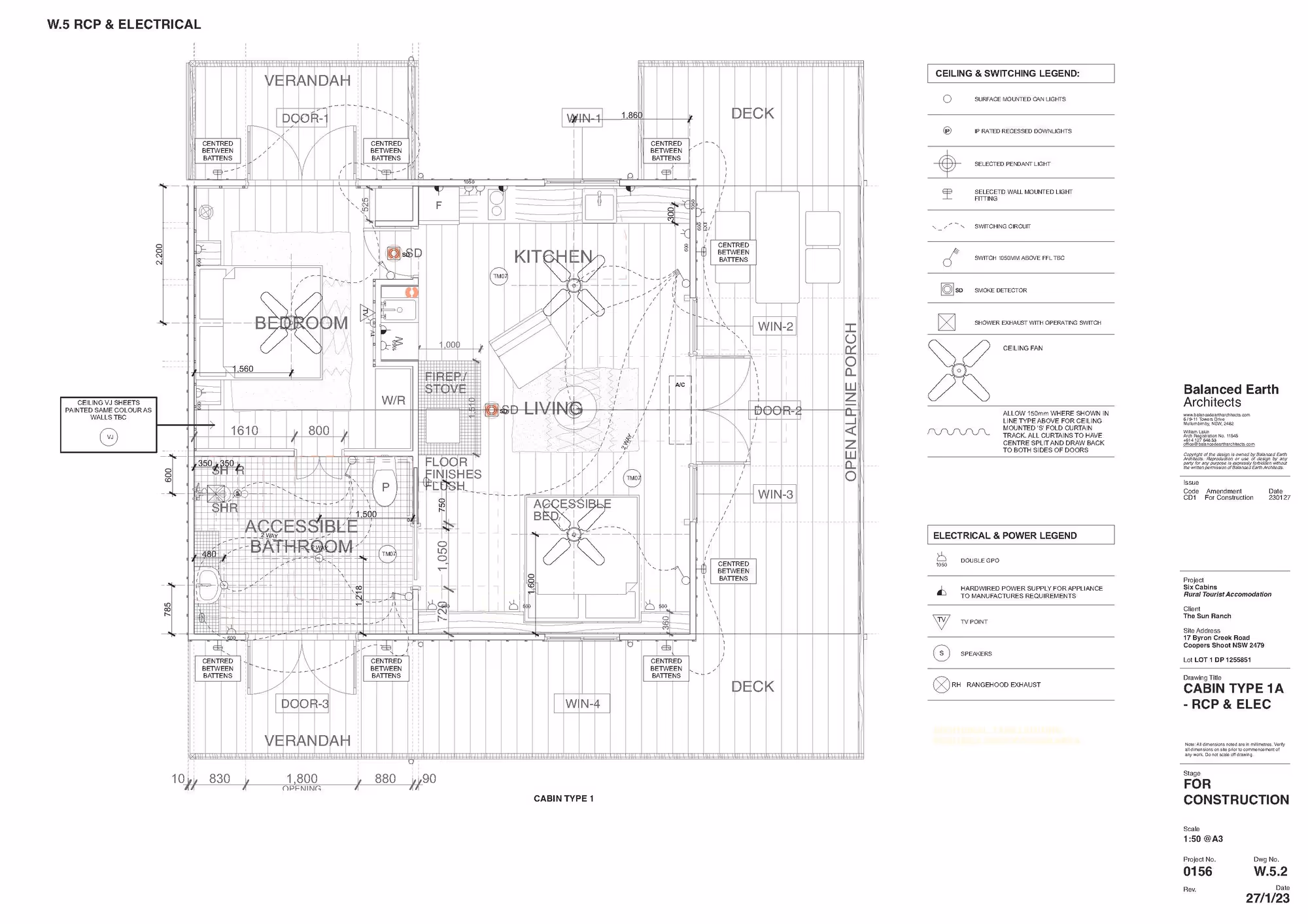 Construction drawings showing cabin electrical layout and ceiling fixtures