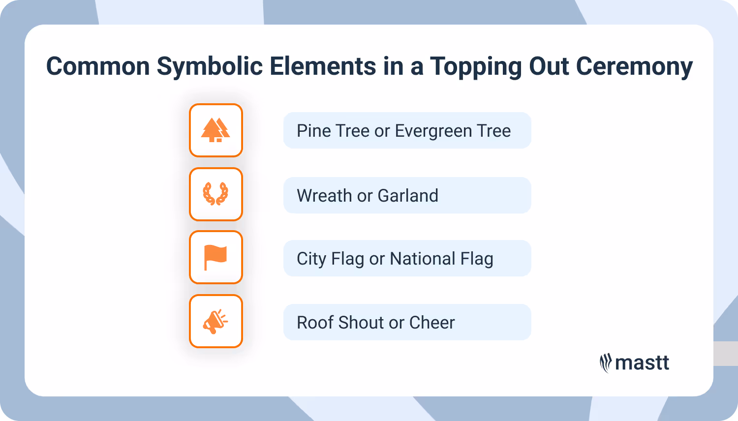 Topping out ceremony symbols: tree, wreath, flag, and cheer