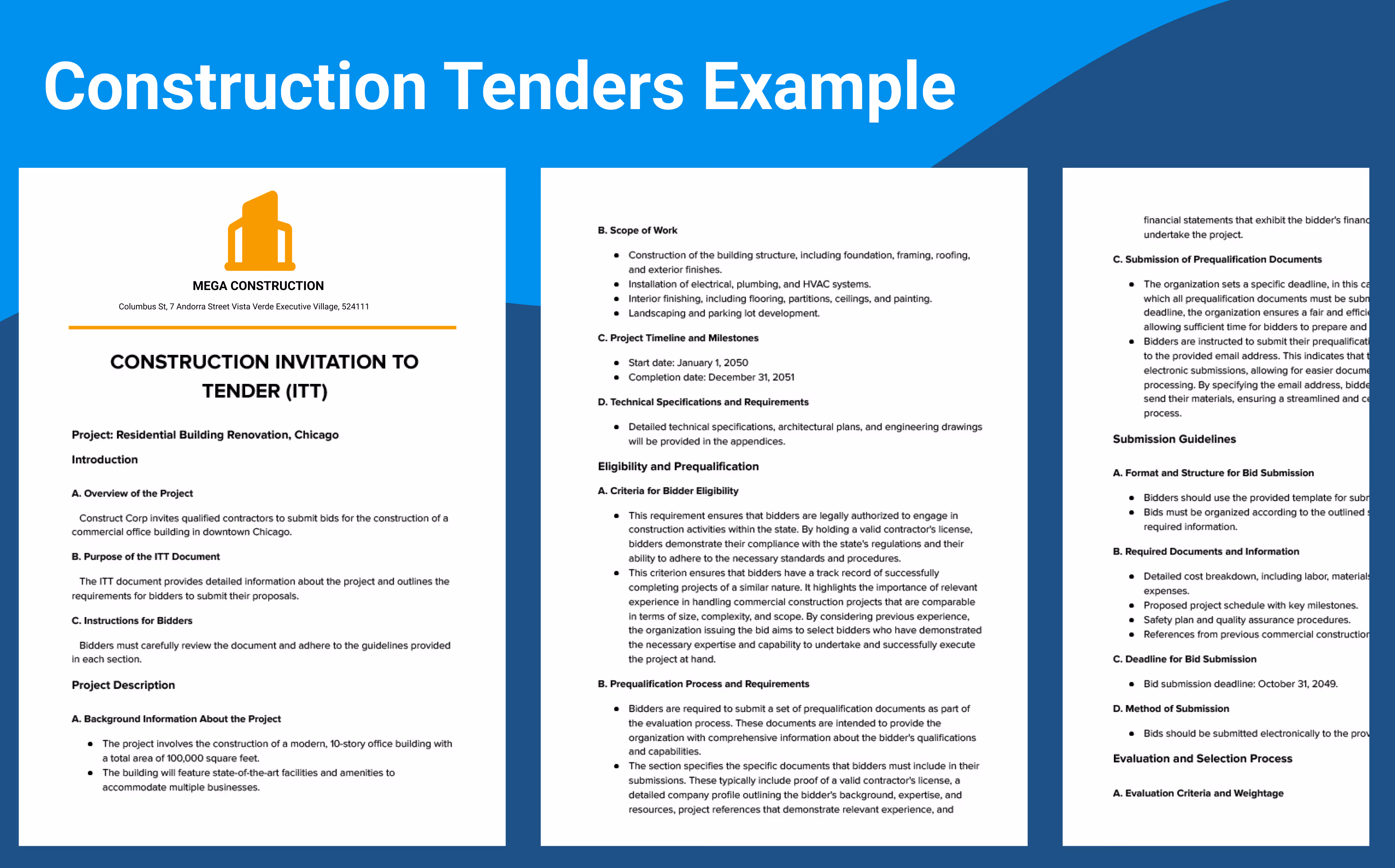 Three-page construction tender document from Mega Construction, detailing an invitation to tender (ITT) for a residential building renovation in Chicago, including project overview, scope of work, prequalification requirements, and bid submission instructions.