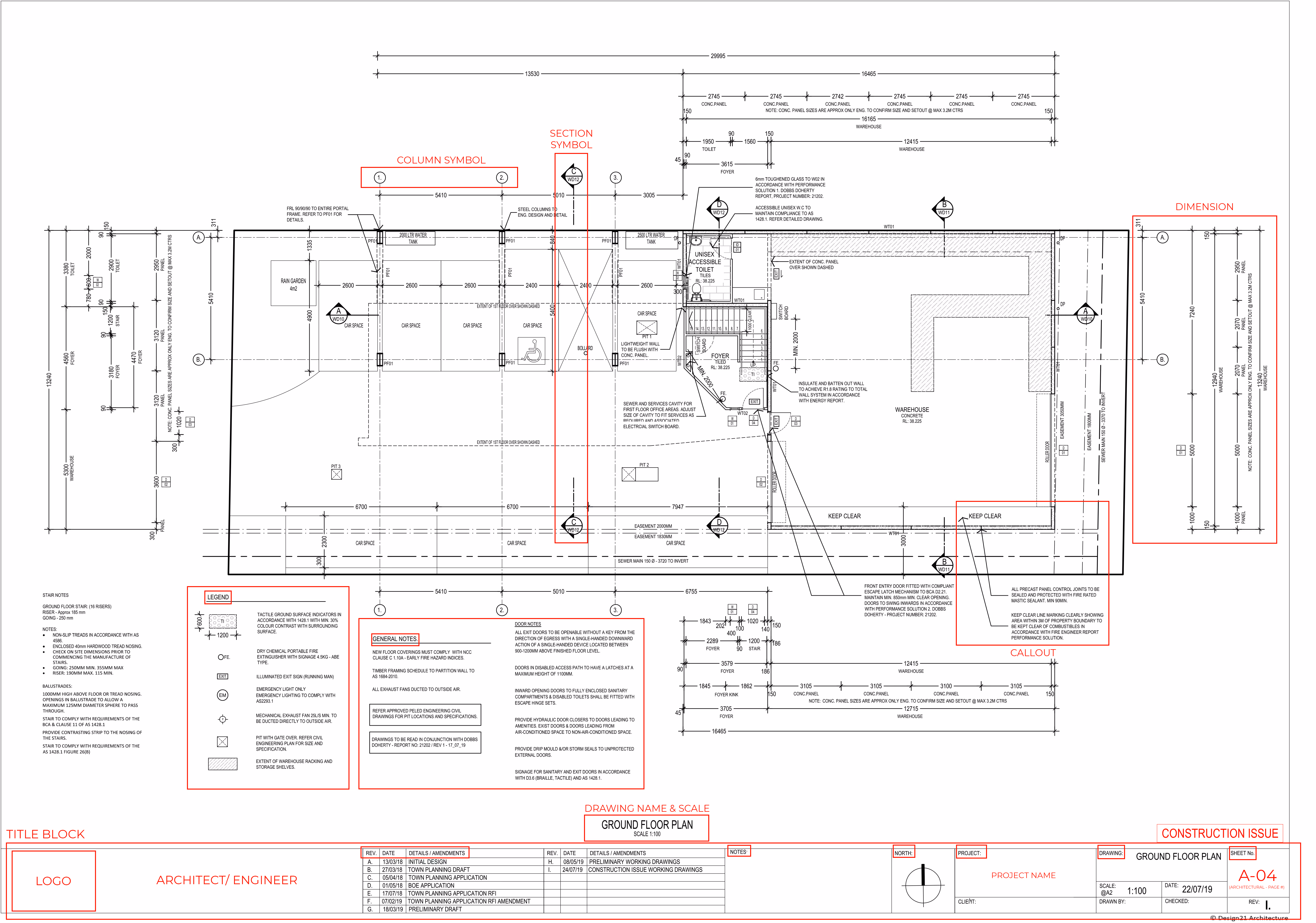 Annotated construction drawing guide of ground floor plan with symbols and dimensions