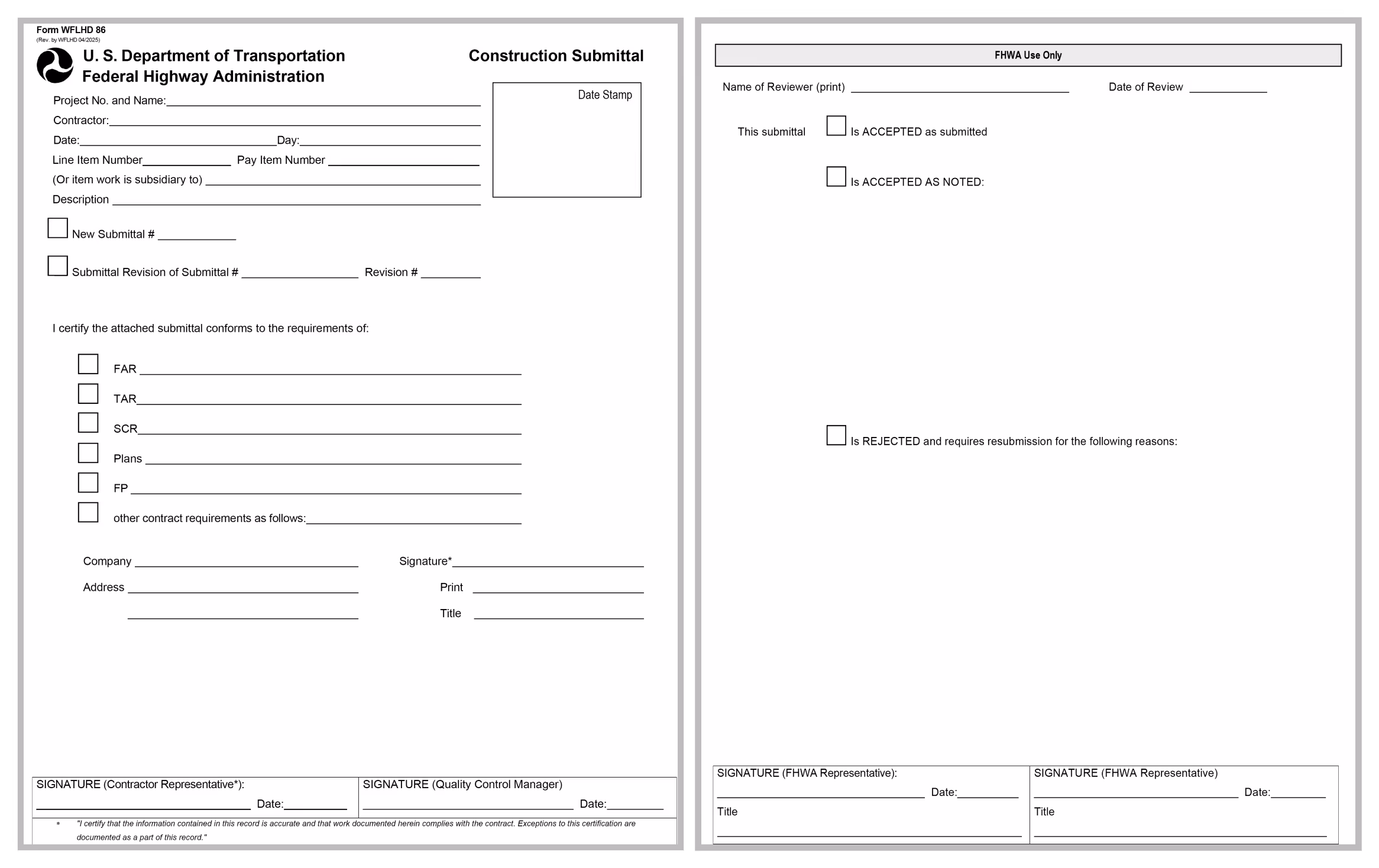 Example US DOT construction submittal form showing compliance details