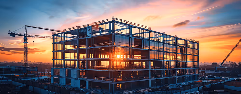 Steel-frame building at sunset, highlighting commercial project management in progress.