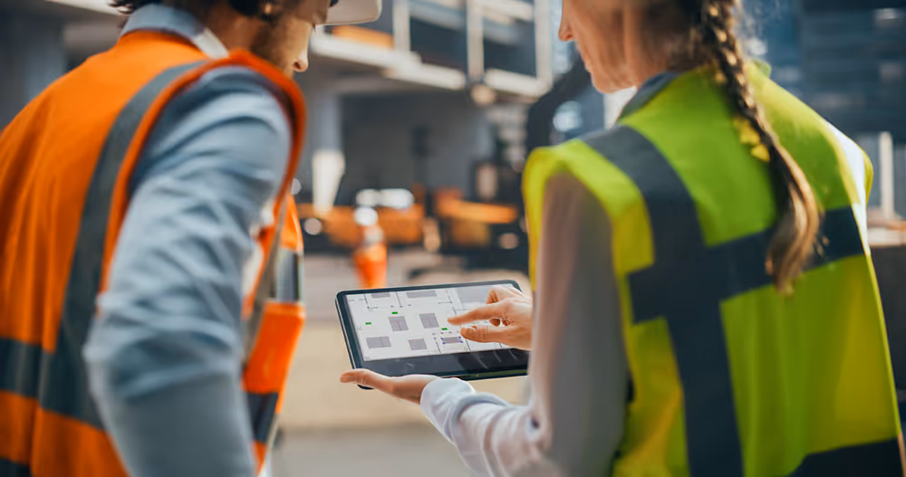 Commercial project management professionals reviewing building plans on a tablet at job site.