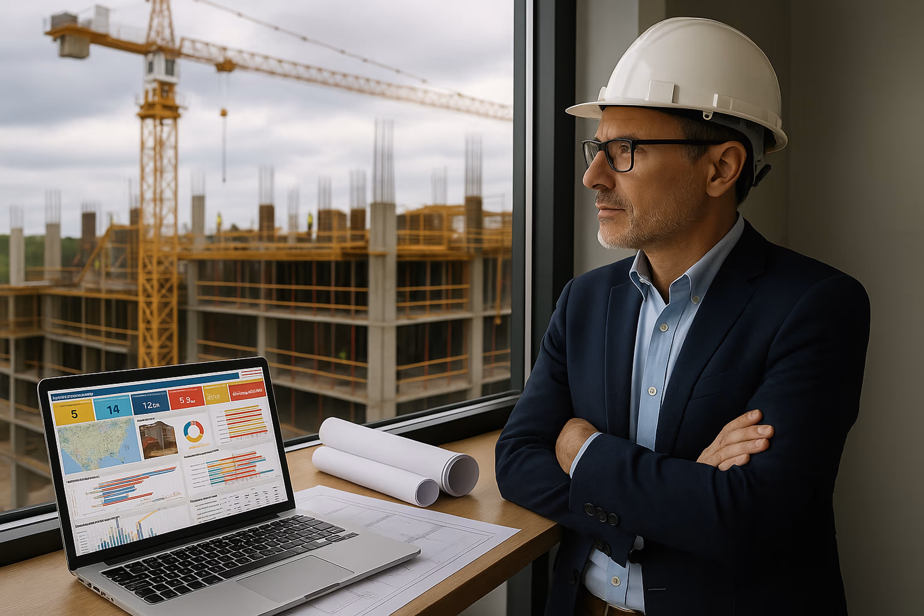 Construction project owner views live site data, budget charts, and progress reporting tools.