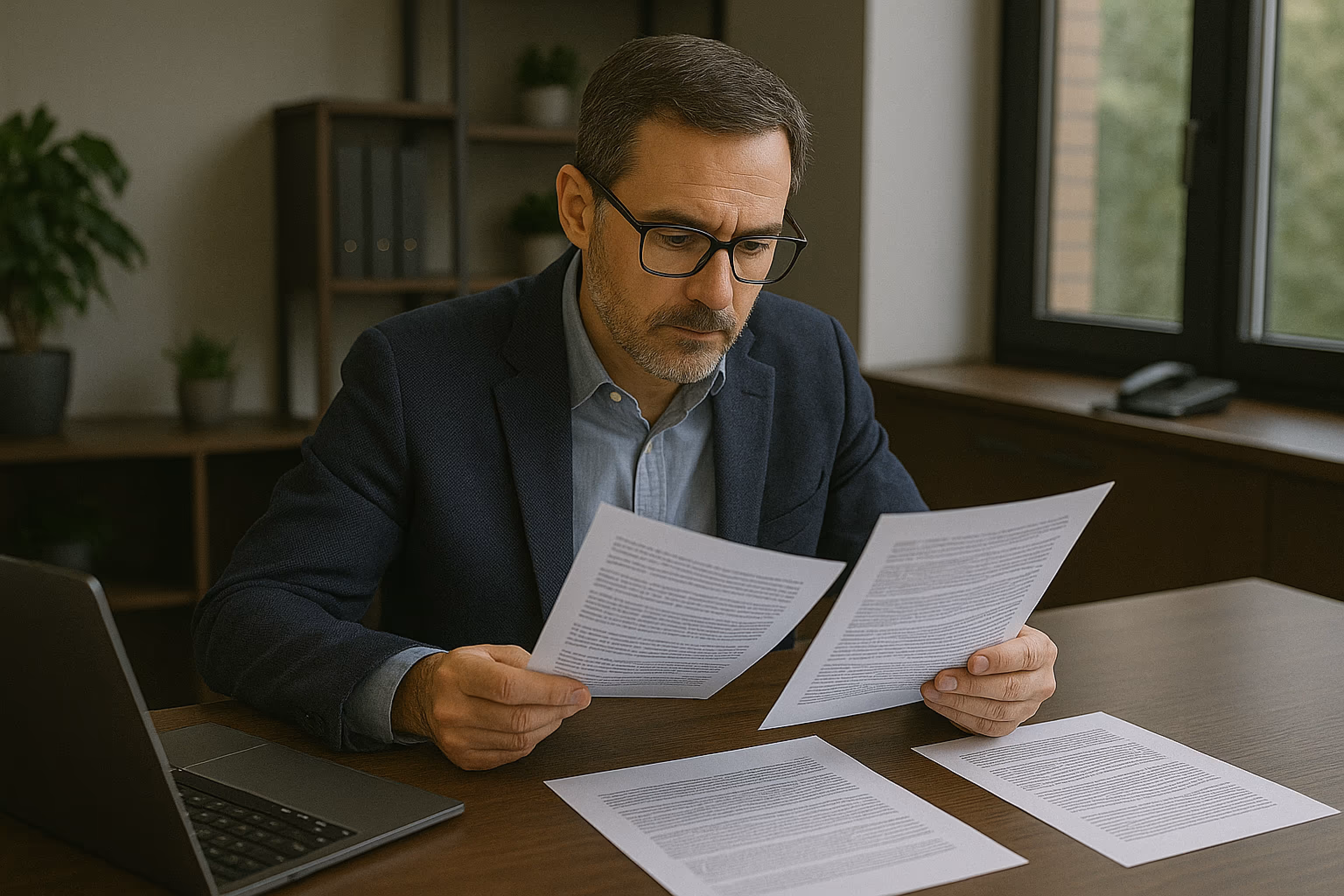 Construction project owner at desk reviewing contract documents with laptop and paperwork.
