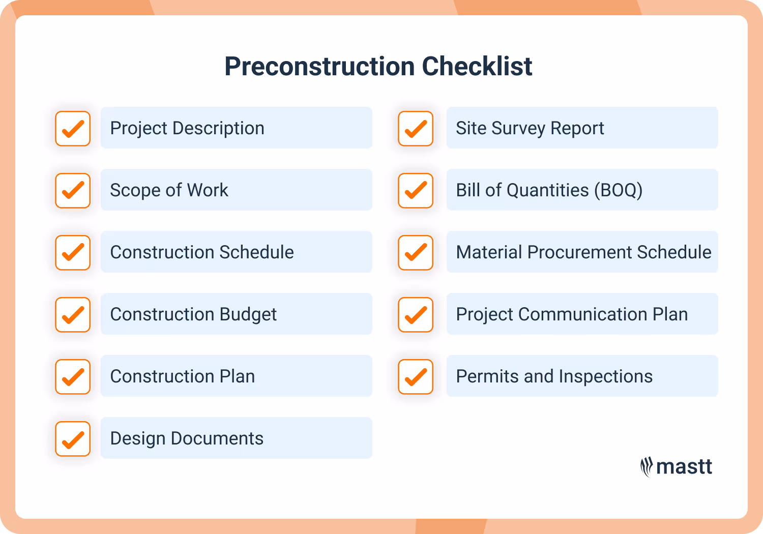 Preconstruction checklist showing items like project description, scope of work, budget, schedule, BOQ, and communication plan.